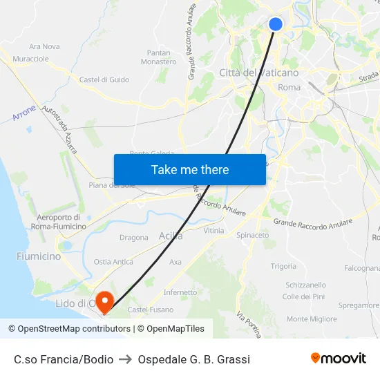 Corso Francia/Bodio to G. B. Grassi Hospital map
