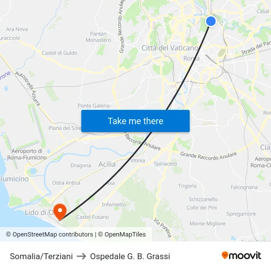 Somalia/Terziani to Ospedale G. B. Grassi map