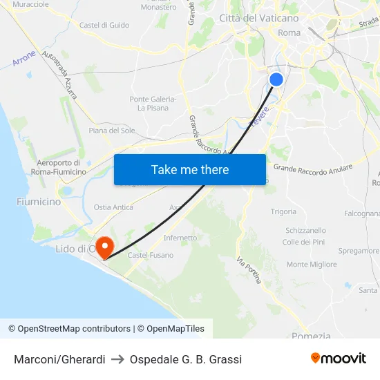 Marconi/Gherardi to Ospedale G. B. Grassi map