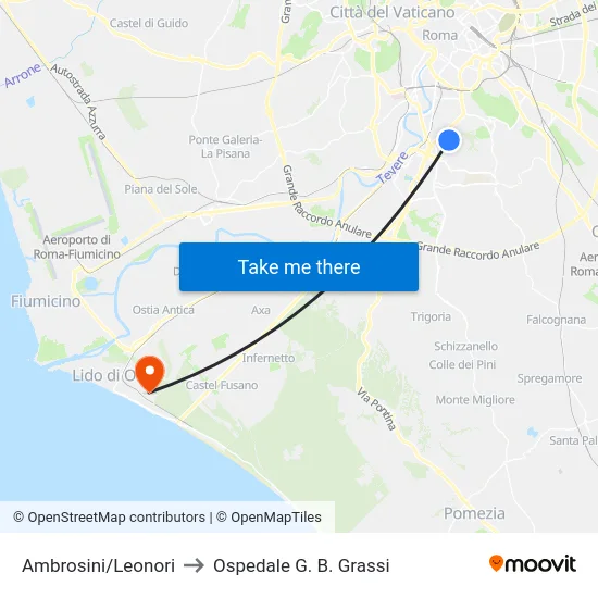 Ambrosini/Leonori to Ospedale G. B. Grassi map