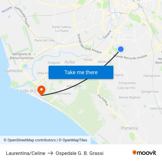 Laurentina/Celine to Ospedale G. B. Grassi map