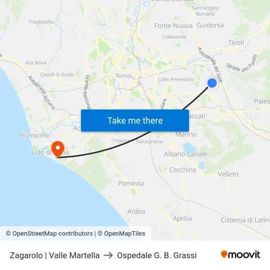Zagarolo | Valle Martella to Ospedale G. B. Grassi map