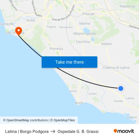 Latina | Borgo Podgora to Ospedale G. B. Grassi map