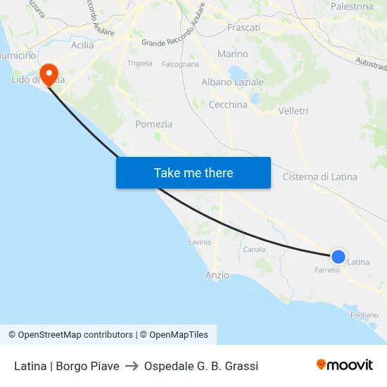 Latina | Borgo Piave to G. B. Grassi Hospital map