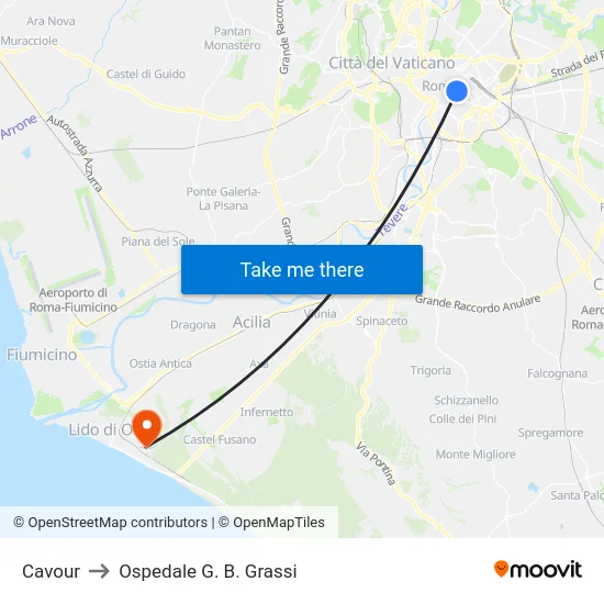 Cavour to Ospedale G. B. Grassi map