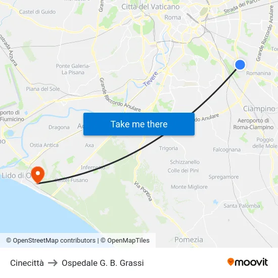 Cinecittà to Ospedale G. B. Grassi map