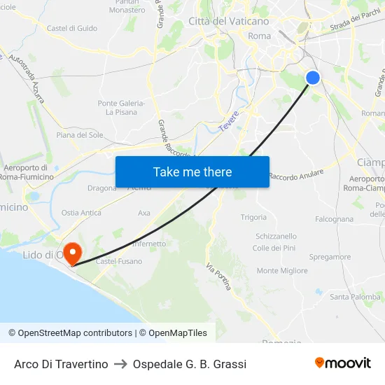 Arco Di Travertino to Ospedale G. B. Grassi map