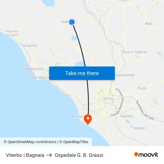 Viterbo | Bagnaia to Ospedale G. B. Grassi map