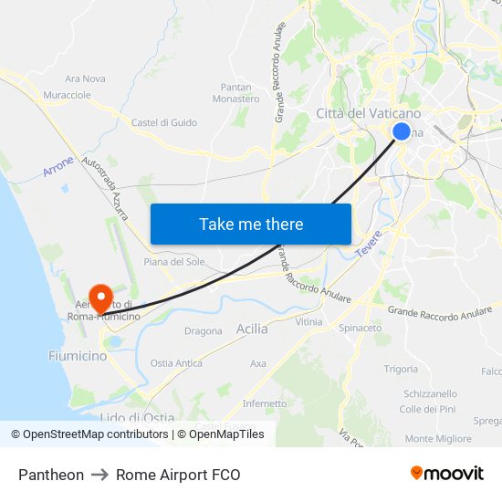 Pantheon to Rome Airport FCO map