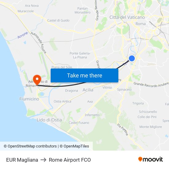 EUR Magliana to Rome Airport FCO map