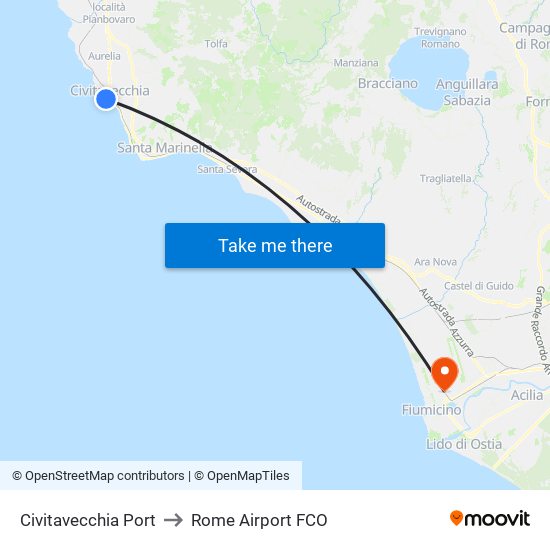 Civitavecchia Port to Rome Airport FCO map