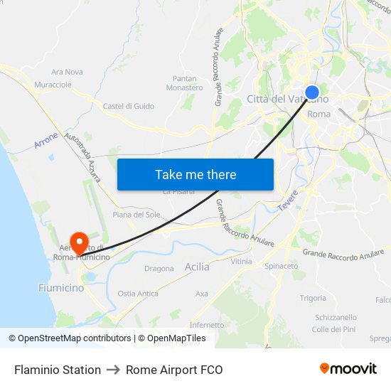 Flaminio Station to Rome Airport FCO map