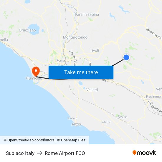 Subiaco Italy to Rome Airport FCO map