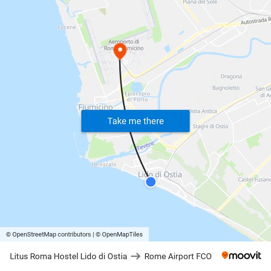 Litus Roma Hostel Lido di Ostia to Rome Airport FCO map