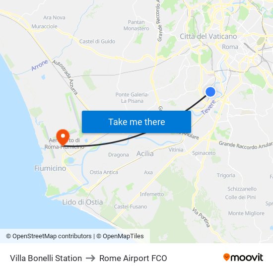 Villa Bonelli Station to Rome Airport FCO map