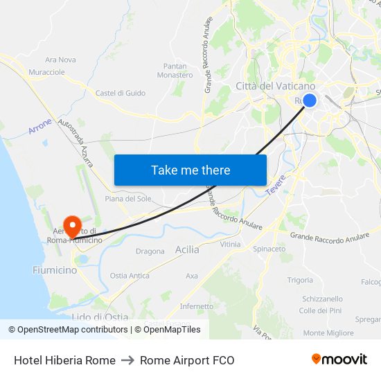 Hotel Hiberia Rome to Rome Airport FCO map