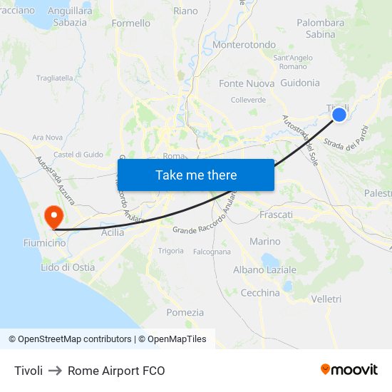 Tivoli to Rome Airport FCO map