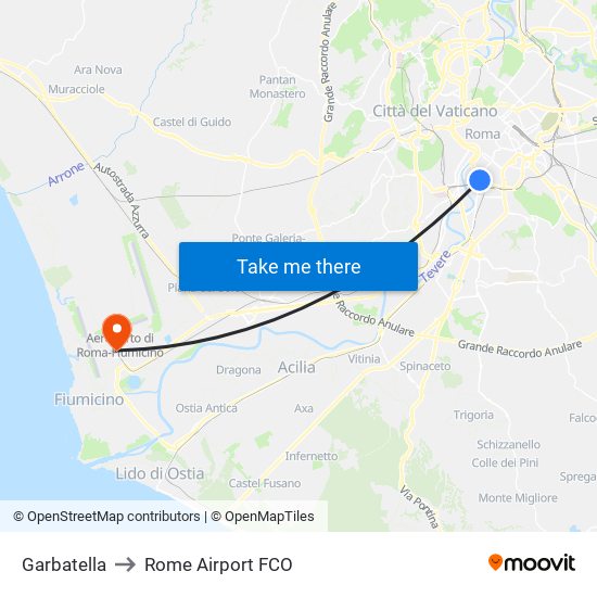 Garbatella to Rome Airport FCO map
