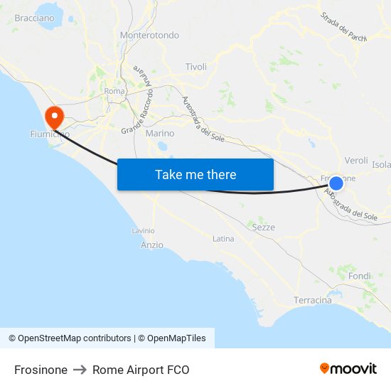 Frosinone to Rome Airport FCO map