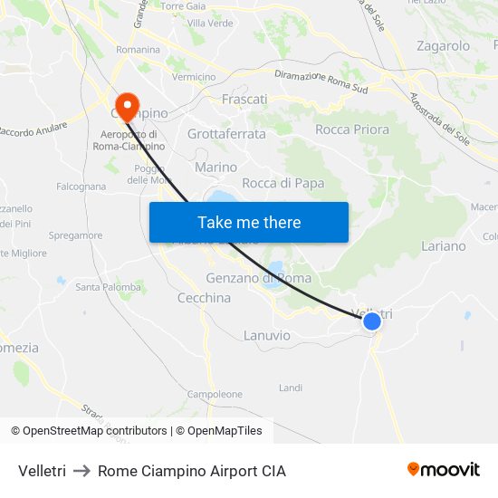 Velletri to Rome Ciampino Airport CIA map
