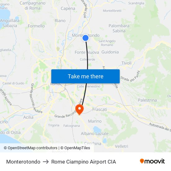 Monterotondo to Rome Ciampino Airport CIA map