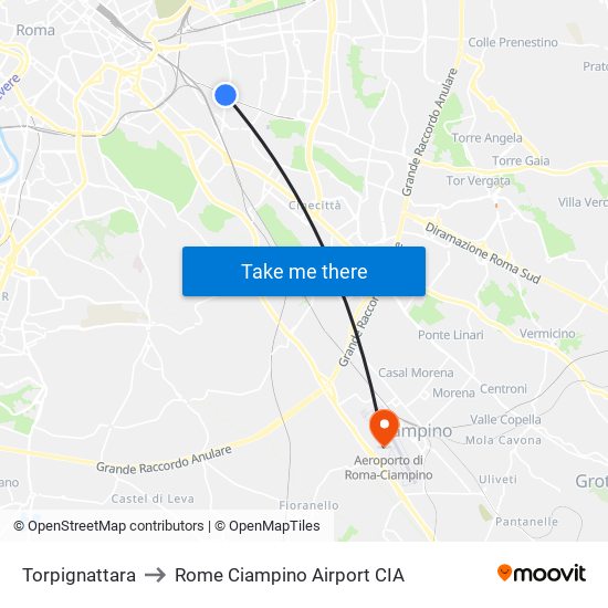 Torpignattara to Rome Ciampino Airport CIA map