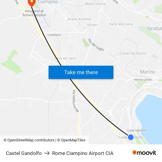 Castel Gandolfo to Rome Ciampino Airport CIA map