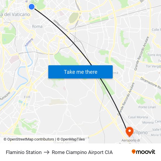 Flaminio Station to Rome Ciampino Airport CIA map