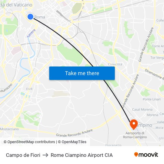 Campo de Fiori to Rome Ciampino Airport CIA map