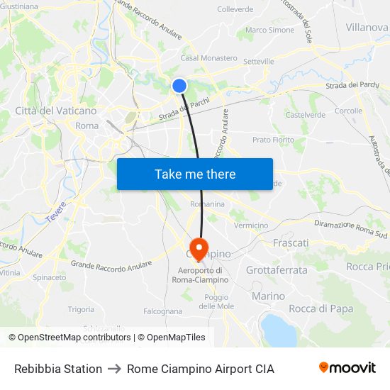 Rebibbia Station to Rome Ciampino Airport CIA map