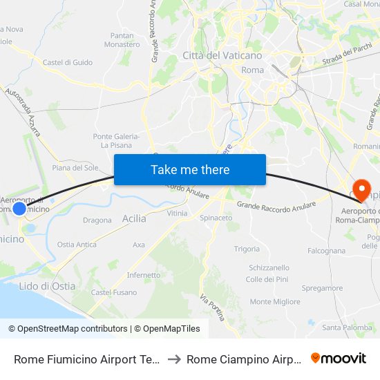 Rome Fiumicino Airport Terminal 3 to Rome Ciampino Airport CIA map