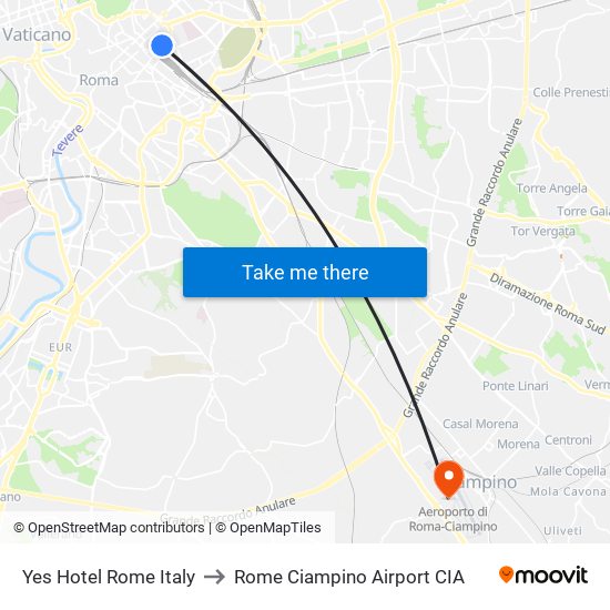 Yes Hotel Rome Italy to Rome Ciampino Airport CIA map