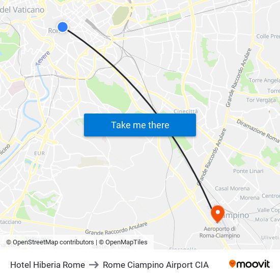 Hotel Hiberia Rome to Rome Ciampino Airport CIA map