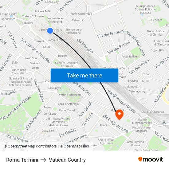 Roma Termini to Vatican Country map