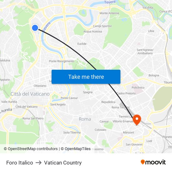 Foro Italico to Vatican Country map