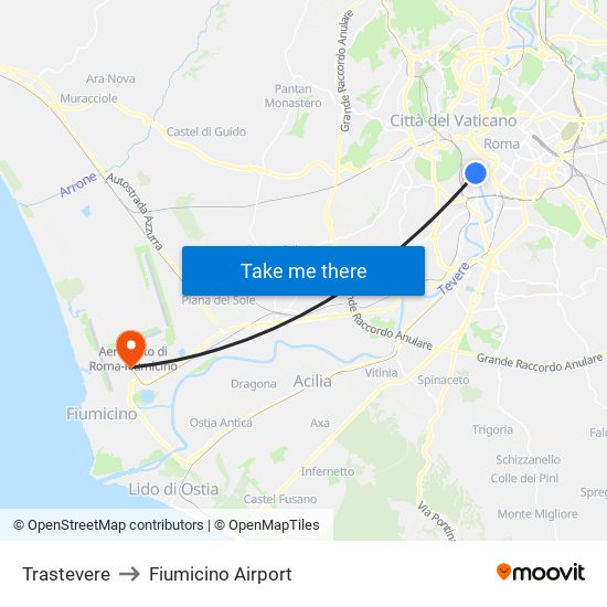 Trastevere to Fiumicino Airport map