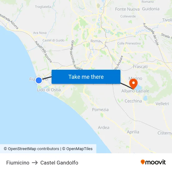 Fiumicino to Castel Gandolfo map