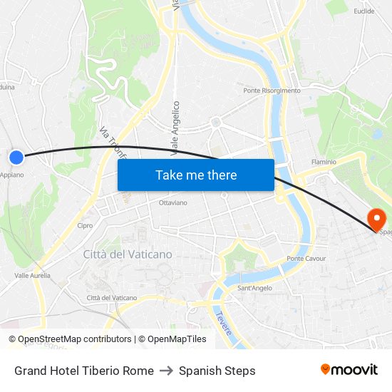 Grand Hotel Tiberio Rome to Spanish Steps map