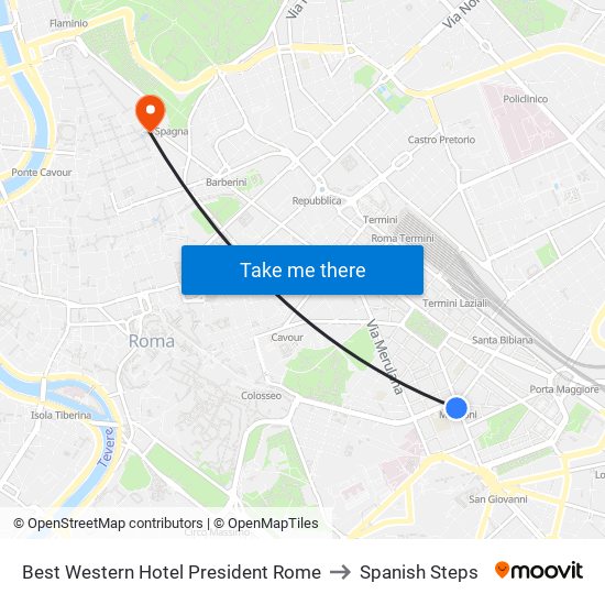 Best Western Hotel President Rome to Spanish Steps map