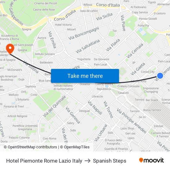 Hotel Piemonte Rome Lazio Italy to Spanish Steps map