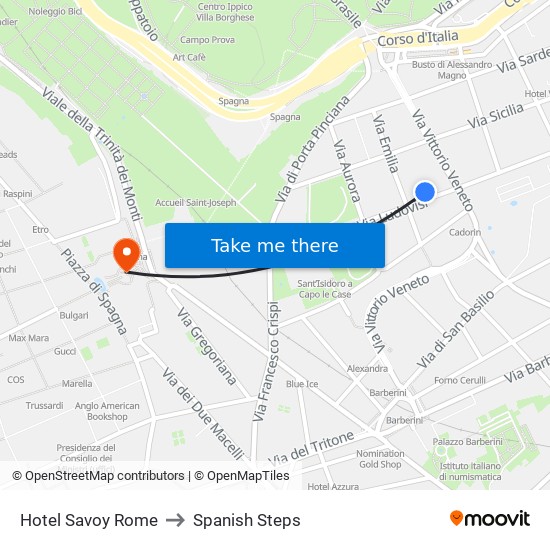 Hotel Savoy Rome to Spanish Steps map