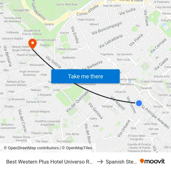 Best Western Plus Hotel Universo Rome to Spanish Steps map
