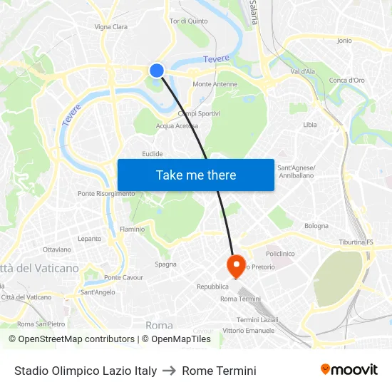 Stadio Olimpico Lazio Italy to Rome Termini map
