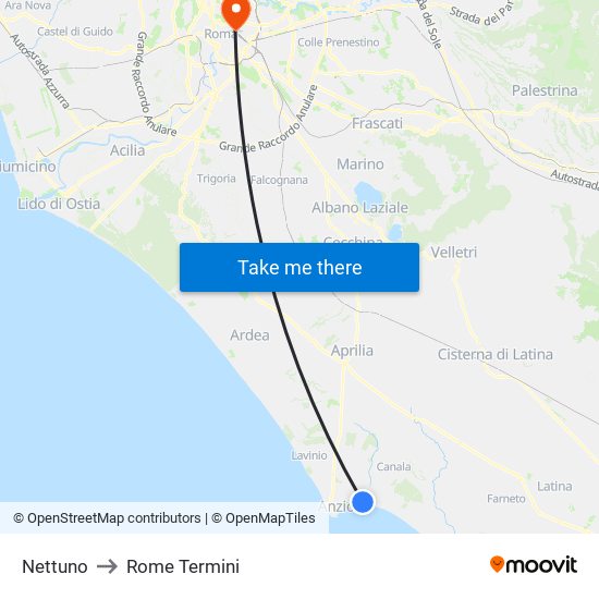 Nettuno to Rome Termini map