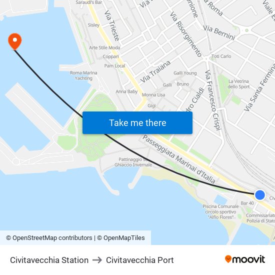 Civitavecchia Station to Civitavecchia Port map