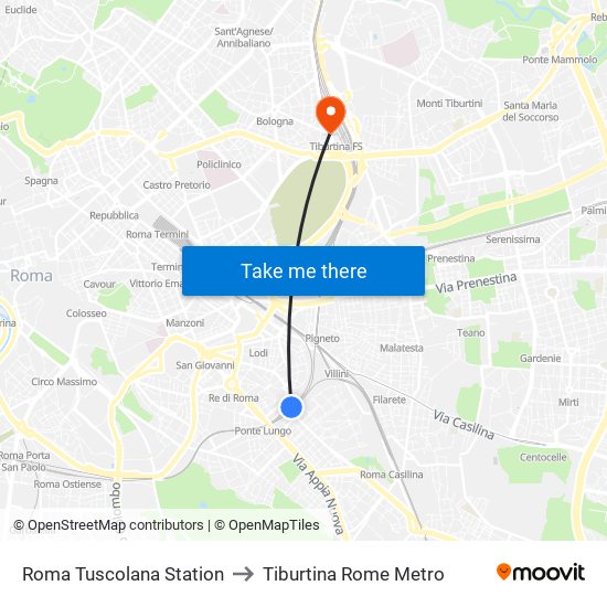 Roma Tuscolana Station to Tiburtina Rome Metro map