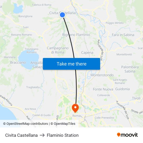 Civita Castellana to Flaminio Station map