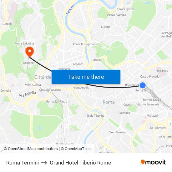 Roma Termini to Grand Hotel Tiberio Rome map