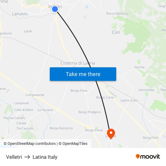 Velletri to Latina Italy map