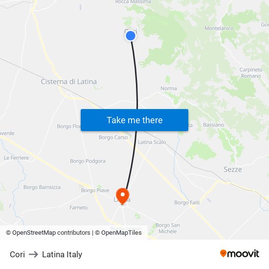 Cori to Latina Italy map